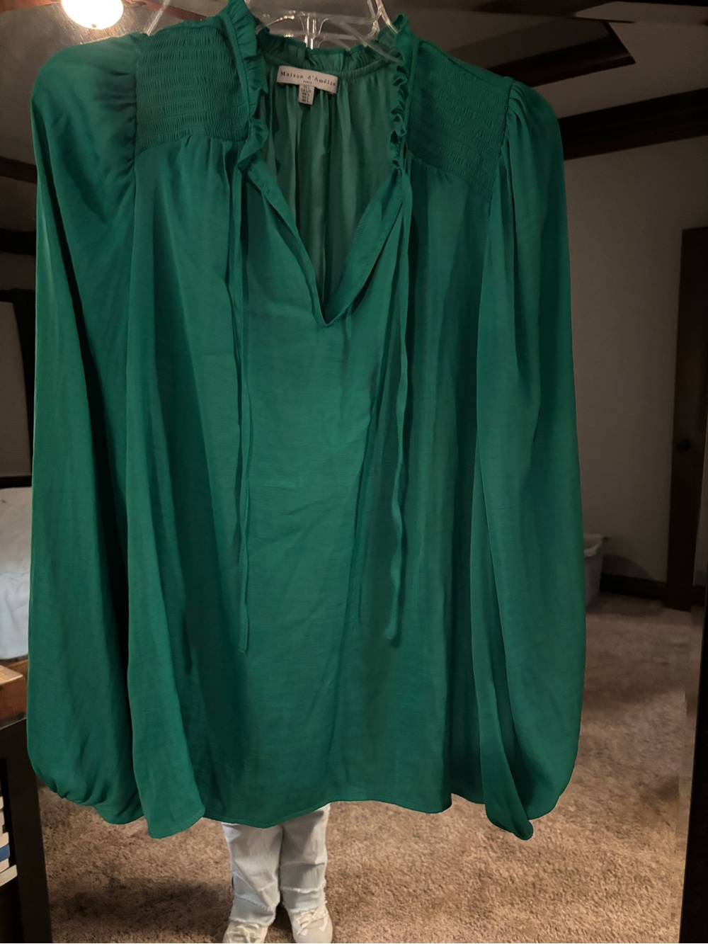 Maison Jules Emerald Green Smocked Yoke Tie-Neck Blouse